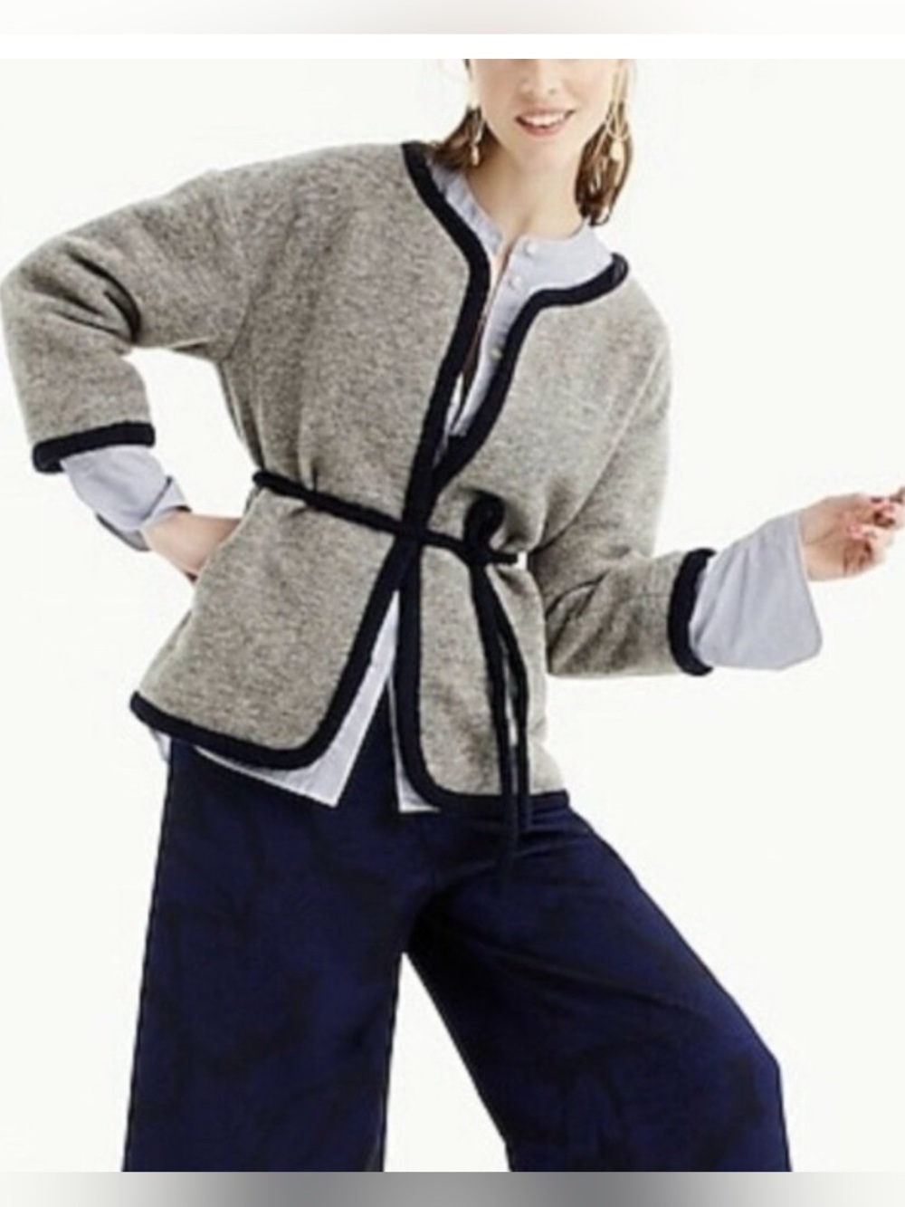 J. Crew Gray Navy Blue Boiled Wool Wrap Jacket/Cardigan Sz M